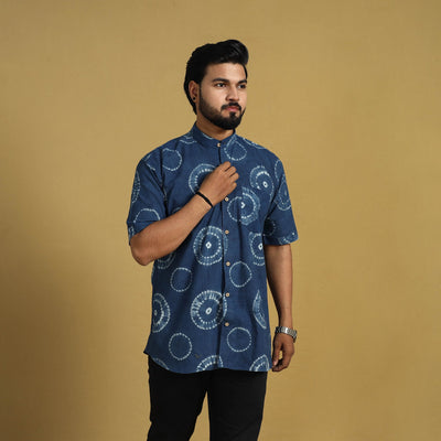 Blue - Half Sleeve Tie & Dye Cotton Men Shibori Shirt 11