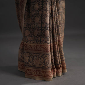 Brown - Pedana Block Print Merino Wool Kalamkari Saree 02