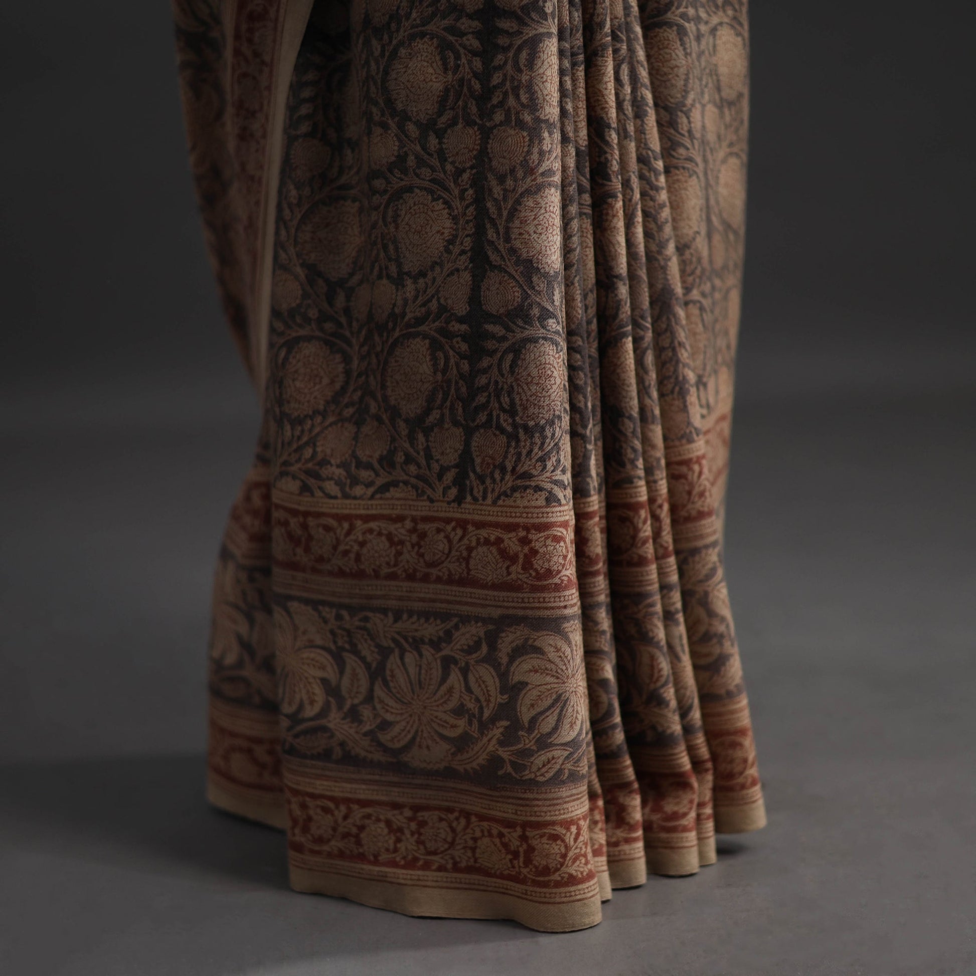 Brown - Pedana Block Print Merino Wool Kalamkari Saree 02