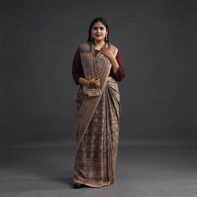 Brown - Pedana Block Print Merino Wool Kalamkari Saree 02