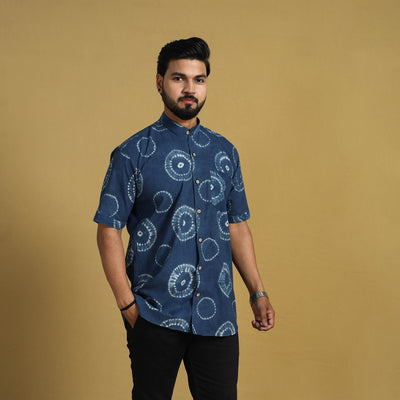 Blue - Half Sleeve Tie & Dye Cotton Men Shibori Shirt 11