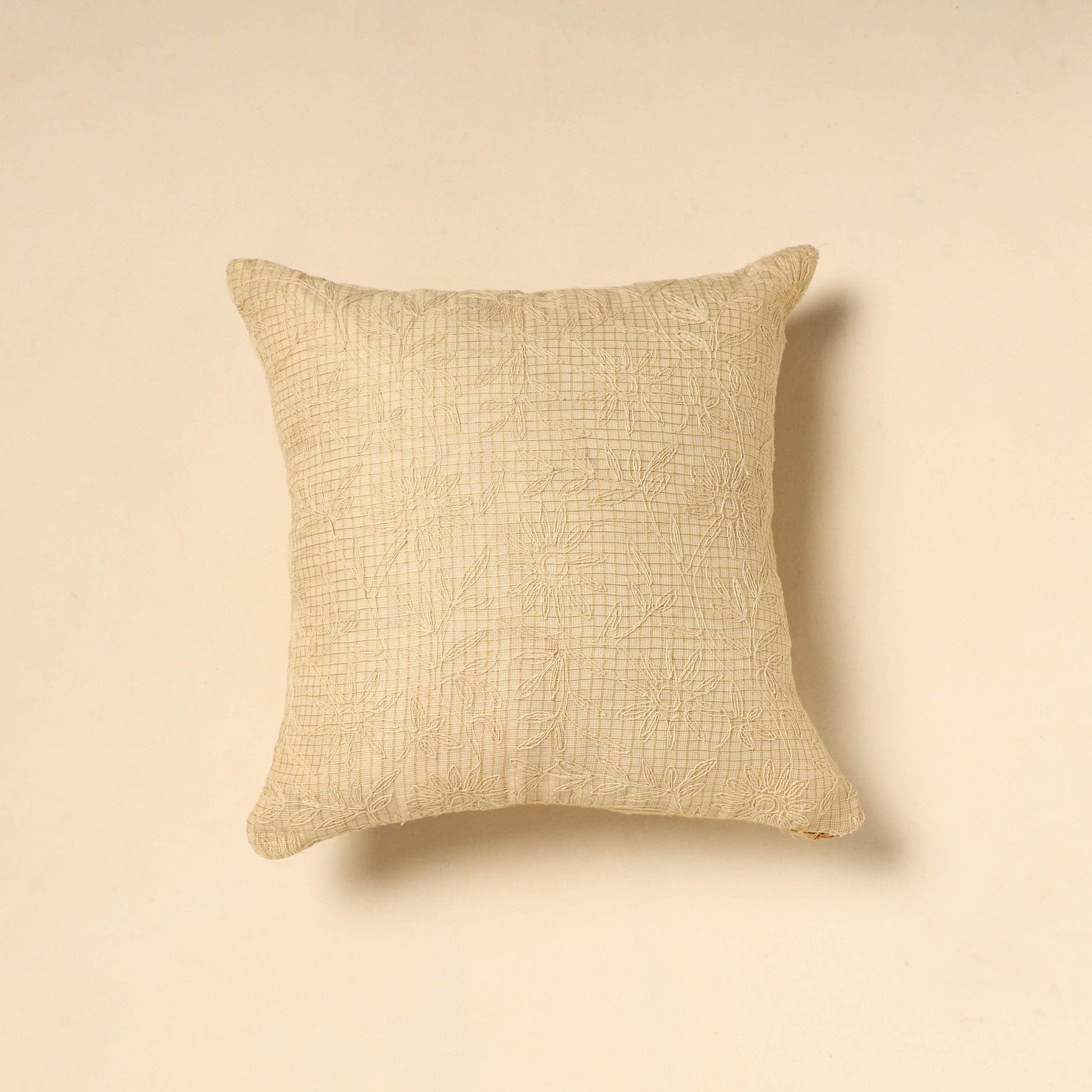 Beige - Tussar Silk Bengal Kantha Work Cushion Cover 12