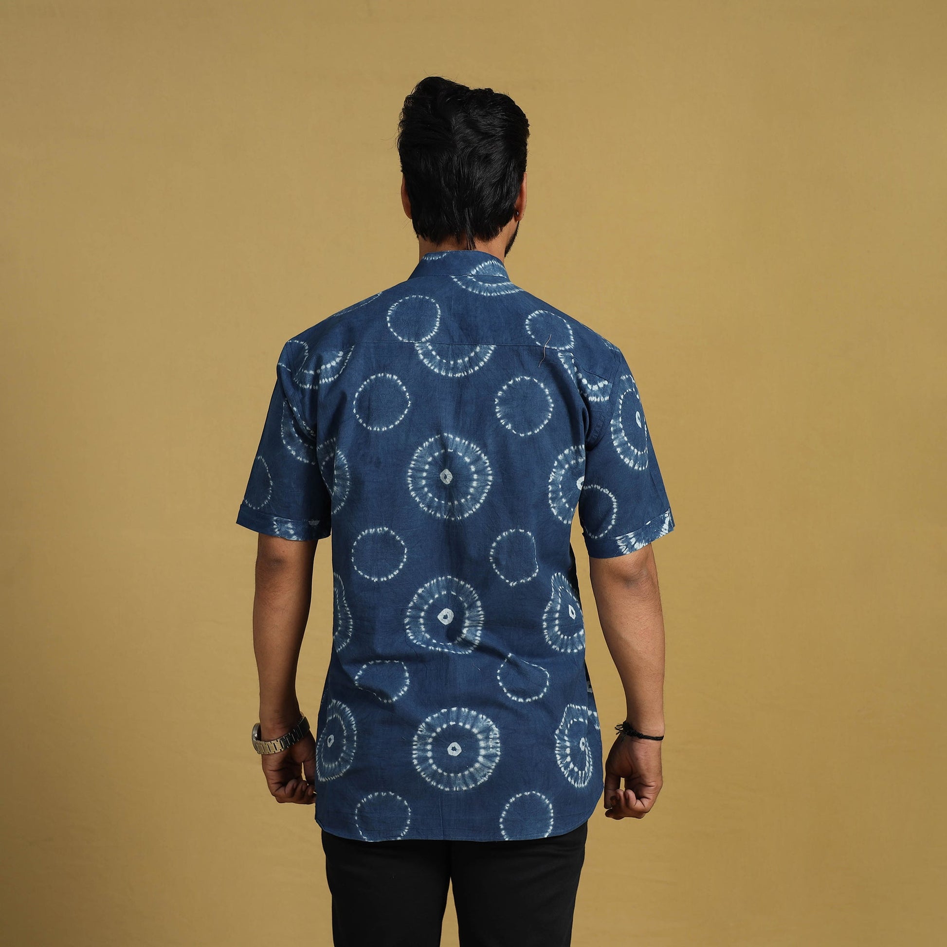 Blue - Half Sleeve Tie & Dye Cotton Men Shibori Shirt 11