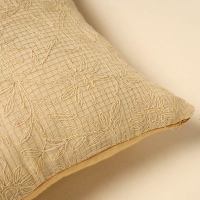 Beige - Tussar Silk Bengal Kantha Work Cushion Cover 12