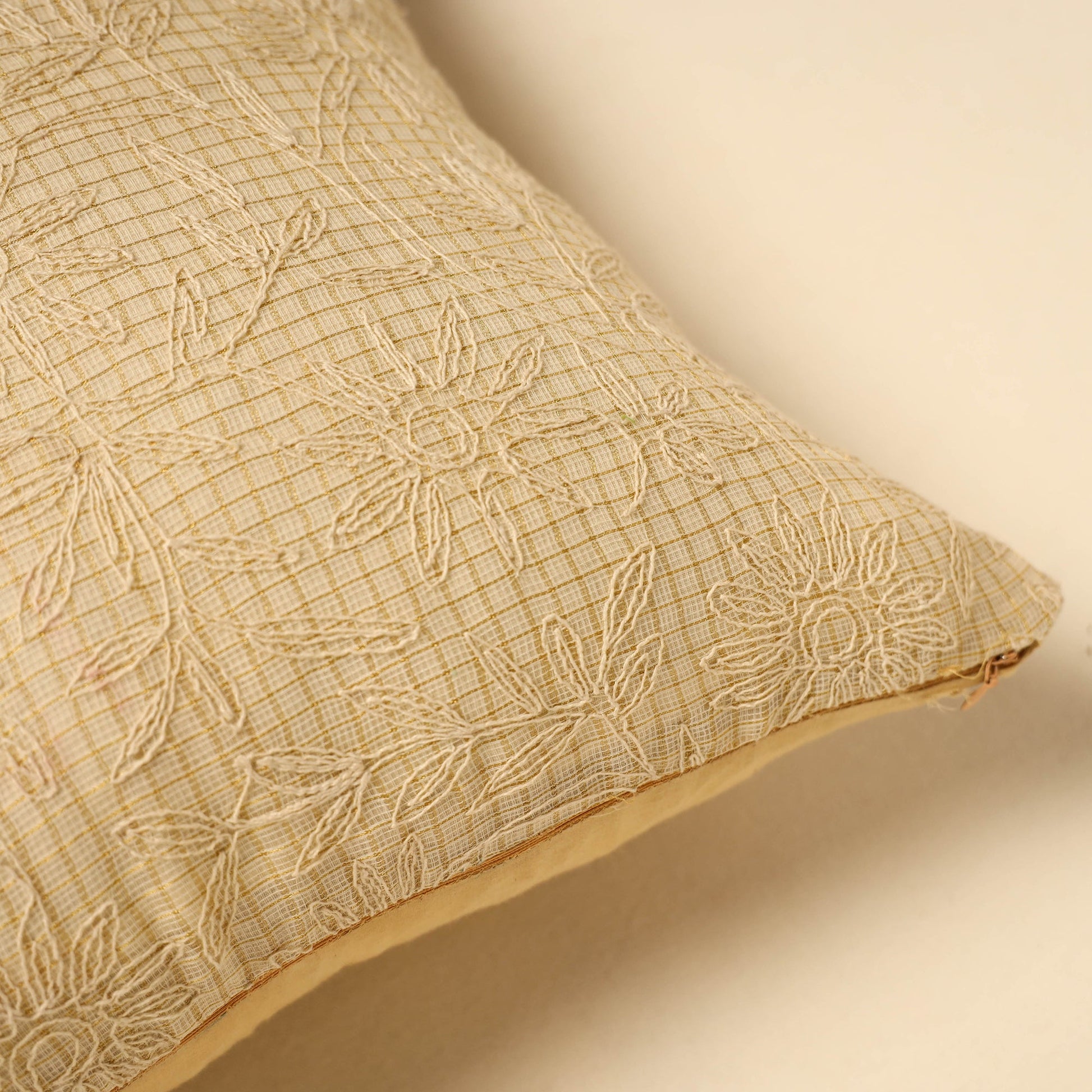 Beige - Tussar Silk Bengal Kantha Work Cushion Cover 12