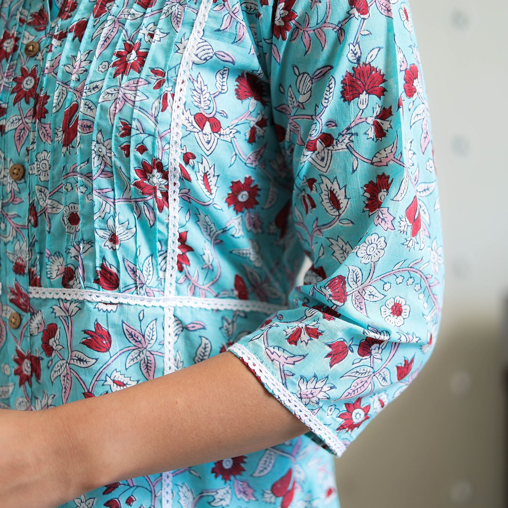 Blue - Block Print Cotton A-Line Sanganeri Kurta 05