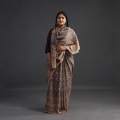 Brown - Pedana Block Print Merino Wool Kalamkari Saree 02