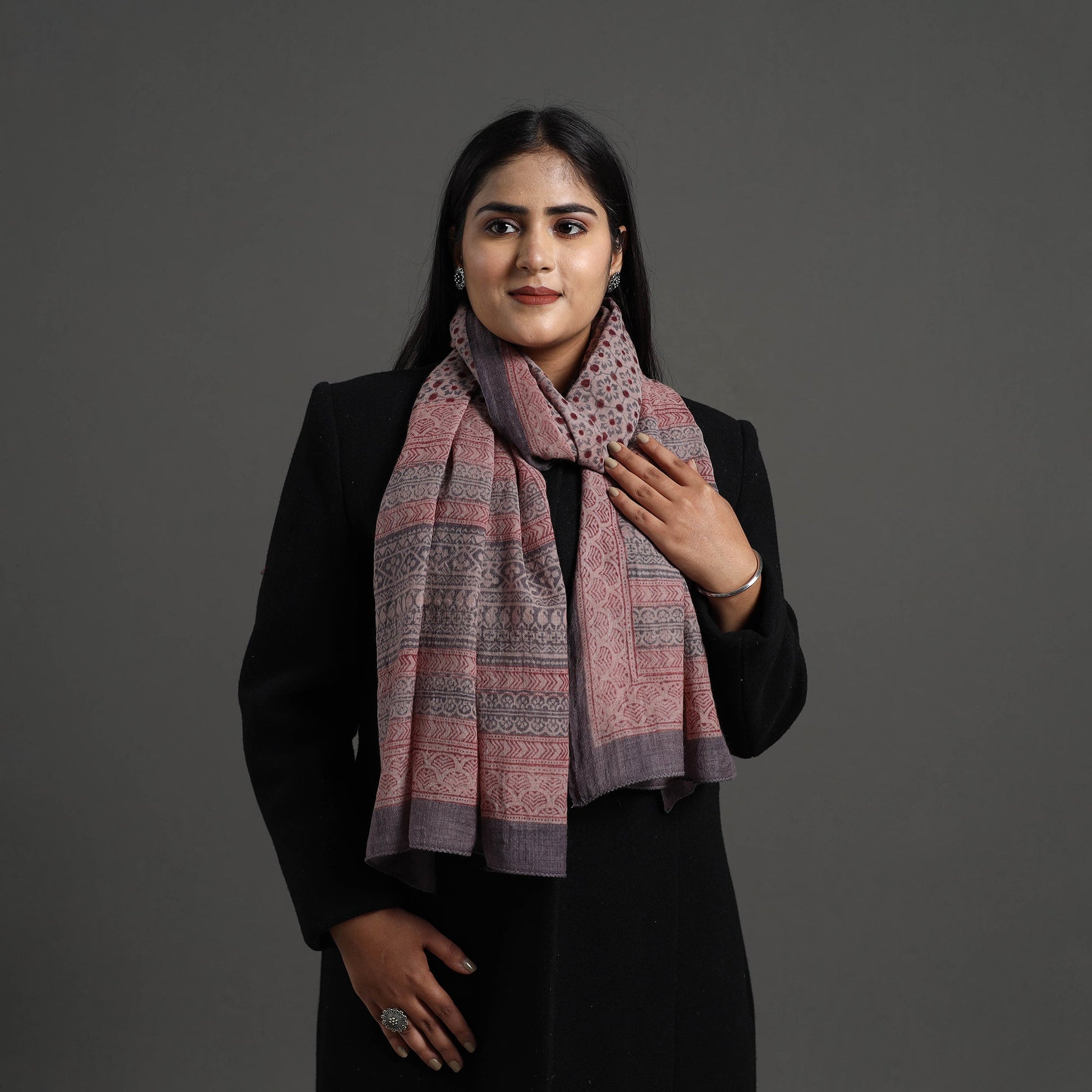 Brown - Bagh Hand Block Printed Merino Woollen Stole 36