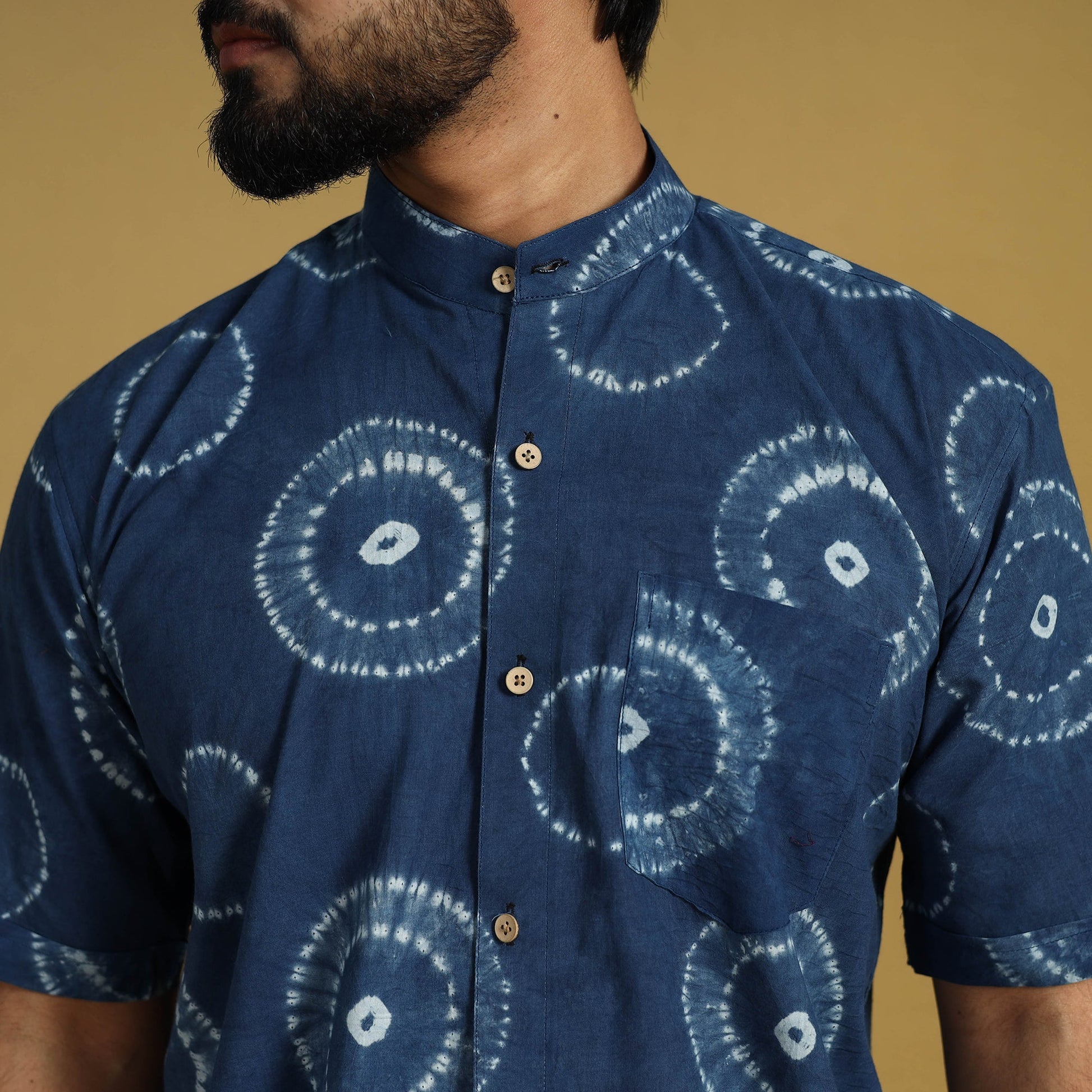 Blue - Half Sleeve Tie & Dye Cotton Men Shibori Shirt 11