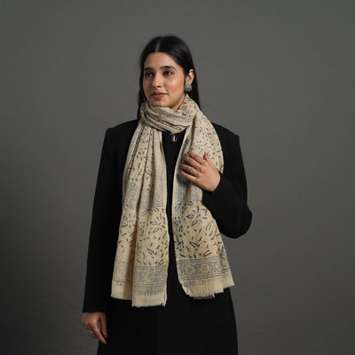 Beige - Block Print Pedana Kalamkari Wool Stole 32