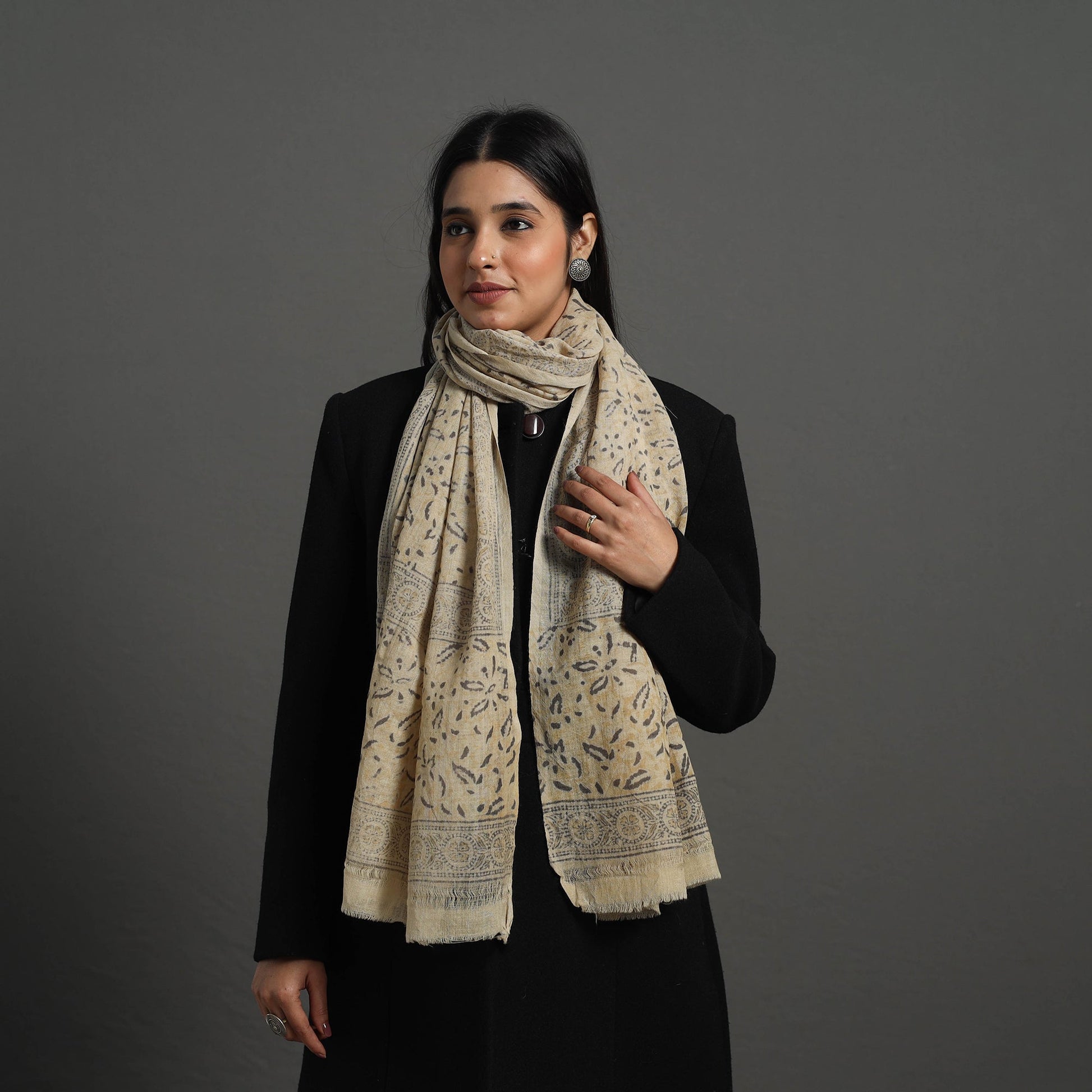 Beige - Block Print Pedana Kalamkari Wool Stole 32