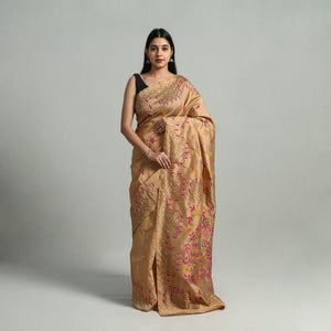 Brown - Bengal Silk Nakshi Kantha Hand Embroidery Saree 05