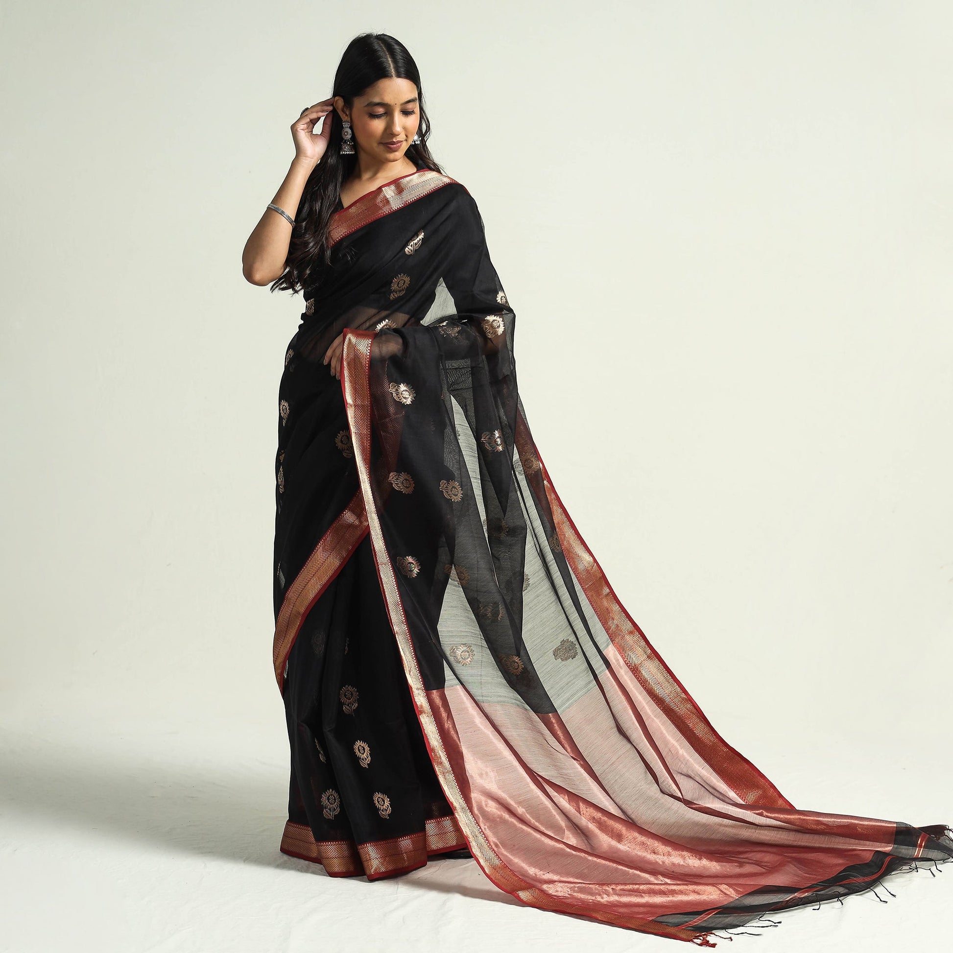 Black - Traditional Chanderi Silk Handloom Saree with Zari Border & Buta