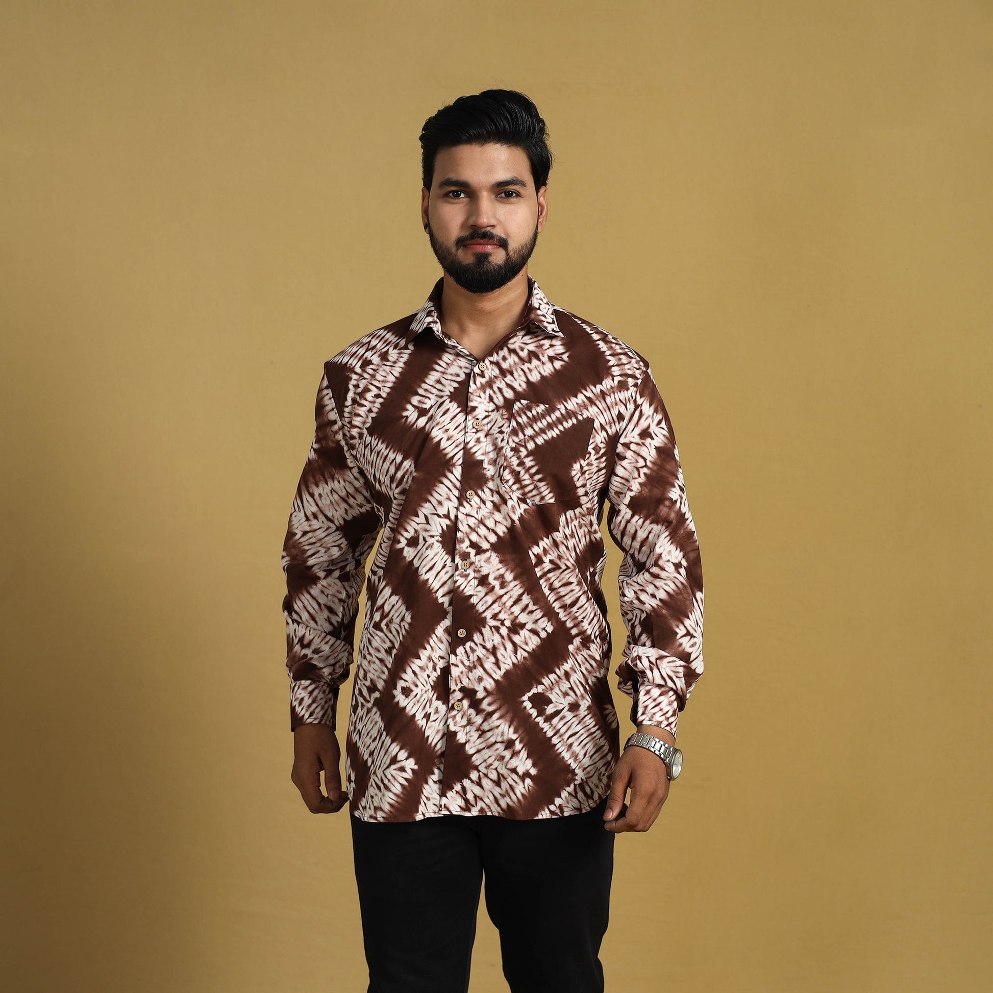 Brown - Full Sleeve Tie & Dye Cotton Men Shibori Shirt 03