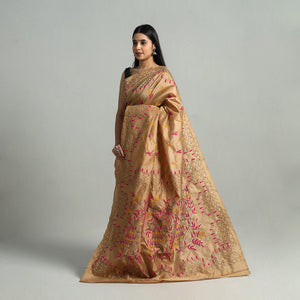Brown - Bengal Silk Nakshi Kantha Hand Embroidery Saree 05