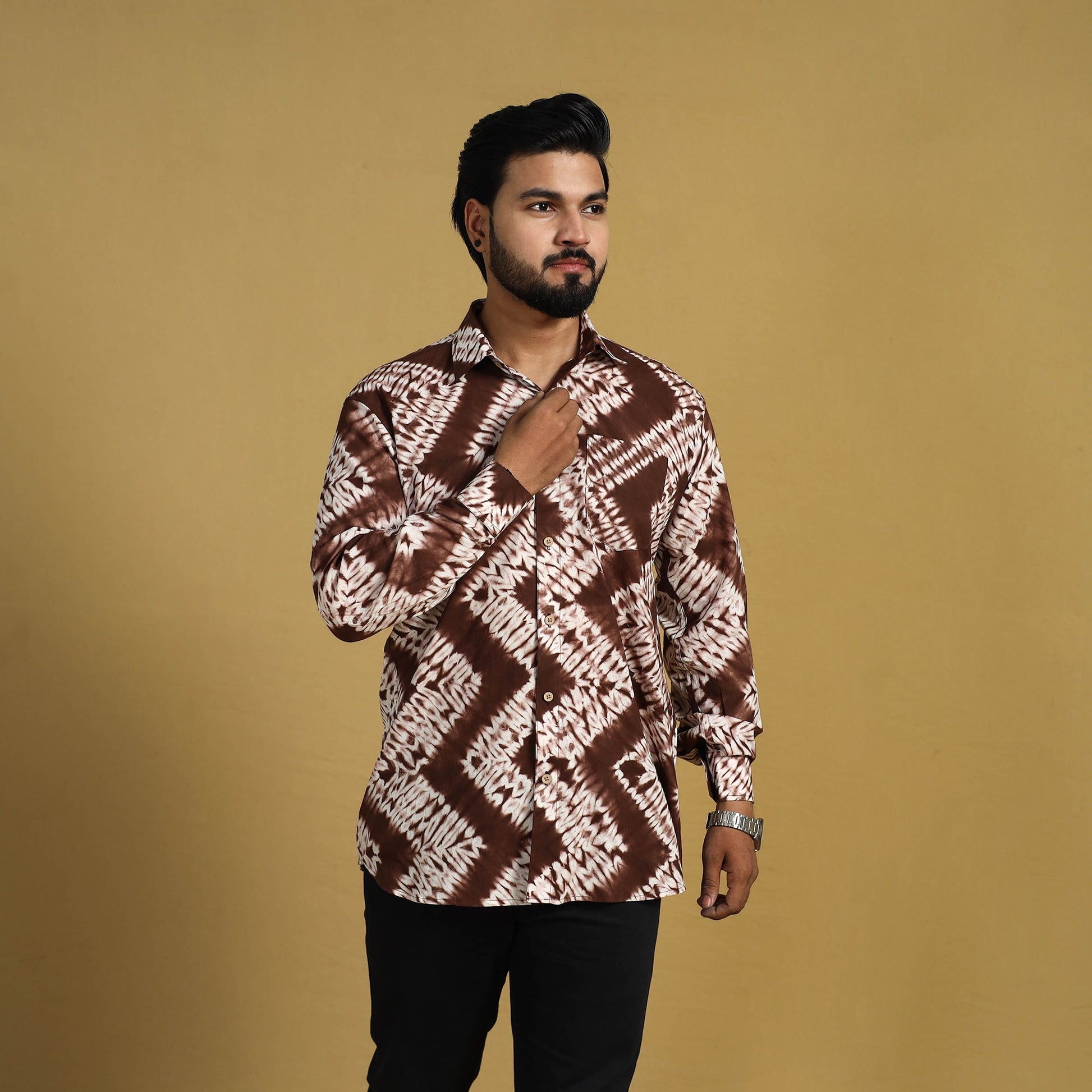 Brown - Full Sleeve Tie & Dye Cotton Men Shibori Shirt 03
