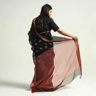 Black - Traditional Chanderi Silk Handloom Saree with Zari Border & Buta