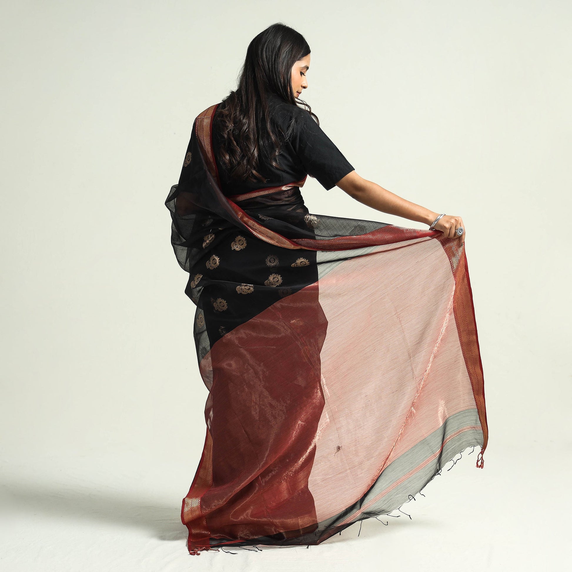 Black - Traditional Chanderi Silk Handloom Saree with Zari Border & Buta