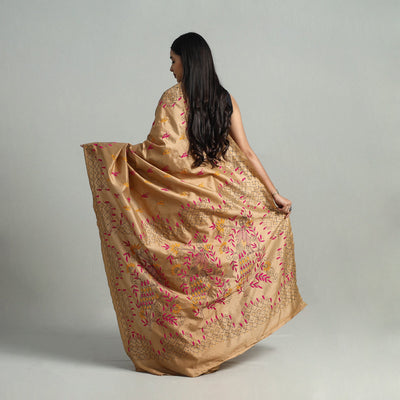 Brown - Bengal Silk Nakshi Kantha Hand Embroidery Saree 05