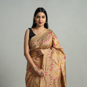Brown - Bengal Silk Nakshi Kantha Hand Embroidery Saree 05