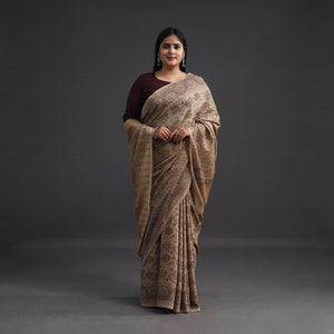Beige - Pedana Block Print Merino Wool Kalamkari Saree 01