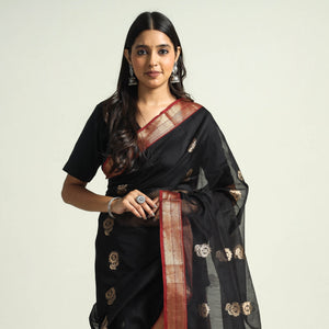 Black - Traditional Chanderi Silk Handloom Saree with Zari Border & Buta