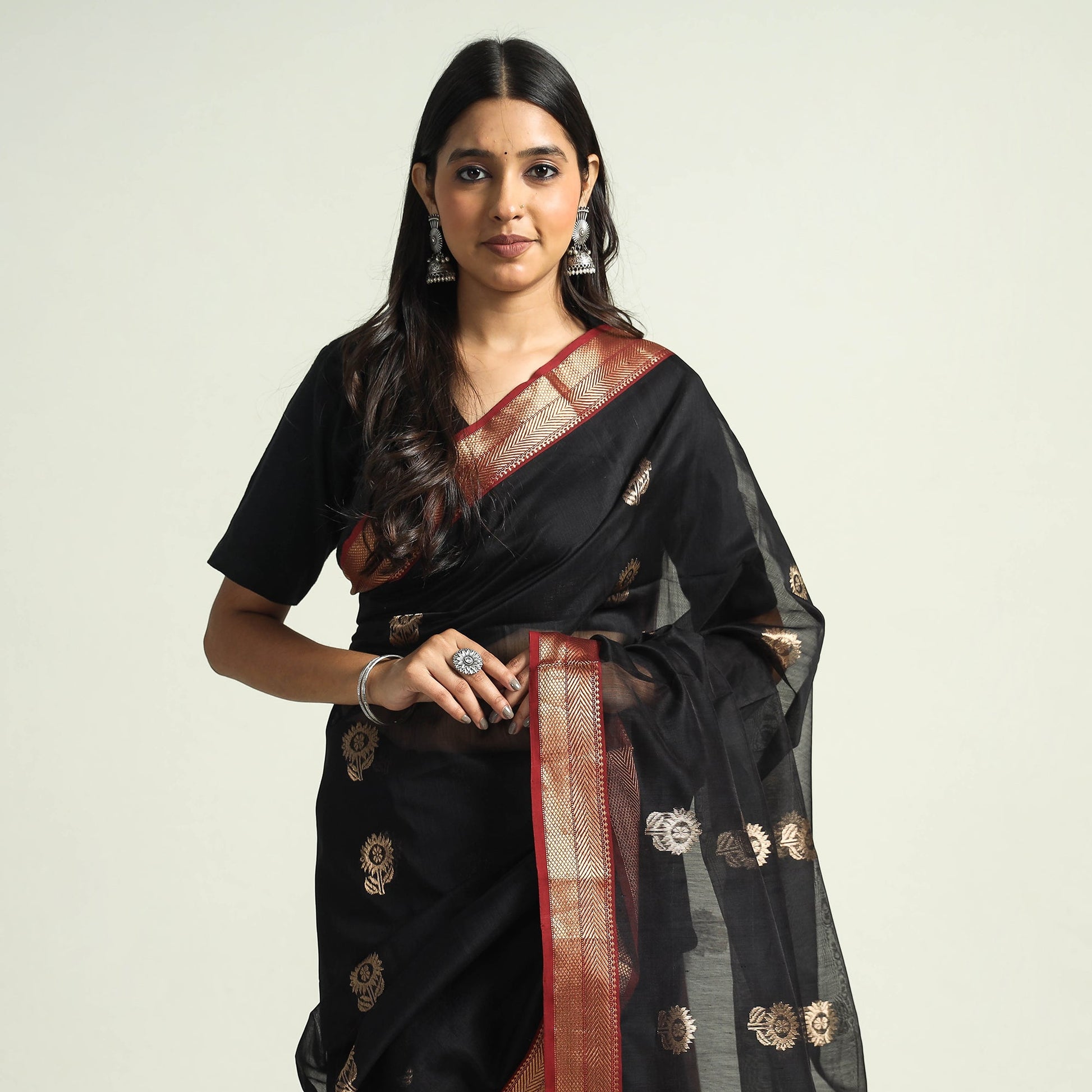 Black - Traditional Chanderi Silk Handloom Saree with Zari Border & Buta