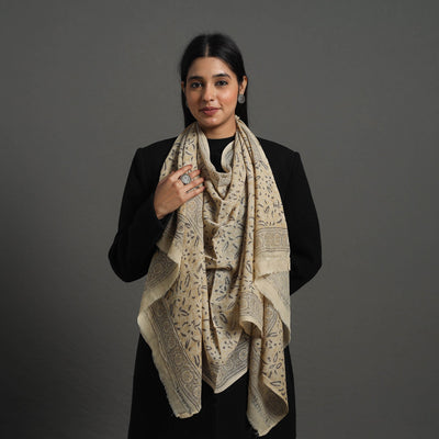 Beige - Block Print Pedana Kalamkari Wool Stole 32