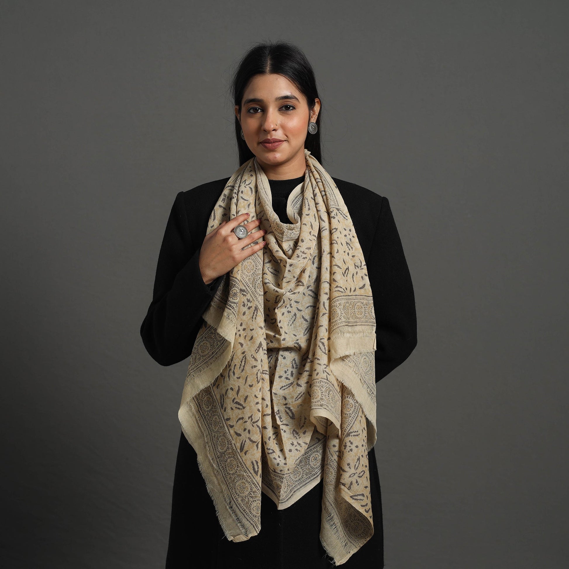Beige - Block Print Pedana Kalamkari Wool Stole 32
