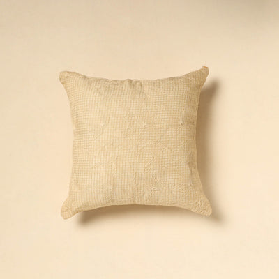 Beige - Tussar Silk Bengal Kantha Work Cushion Cover 14