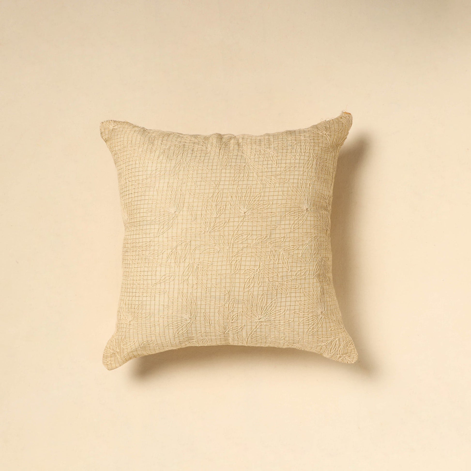 Beige - Tussar Silk Bengal Kantha Work Cushion Cover 14