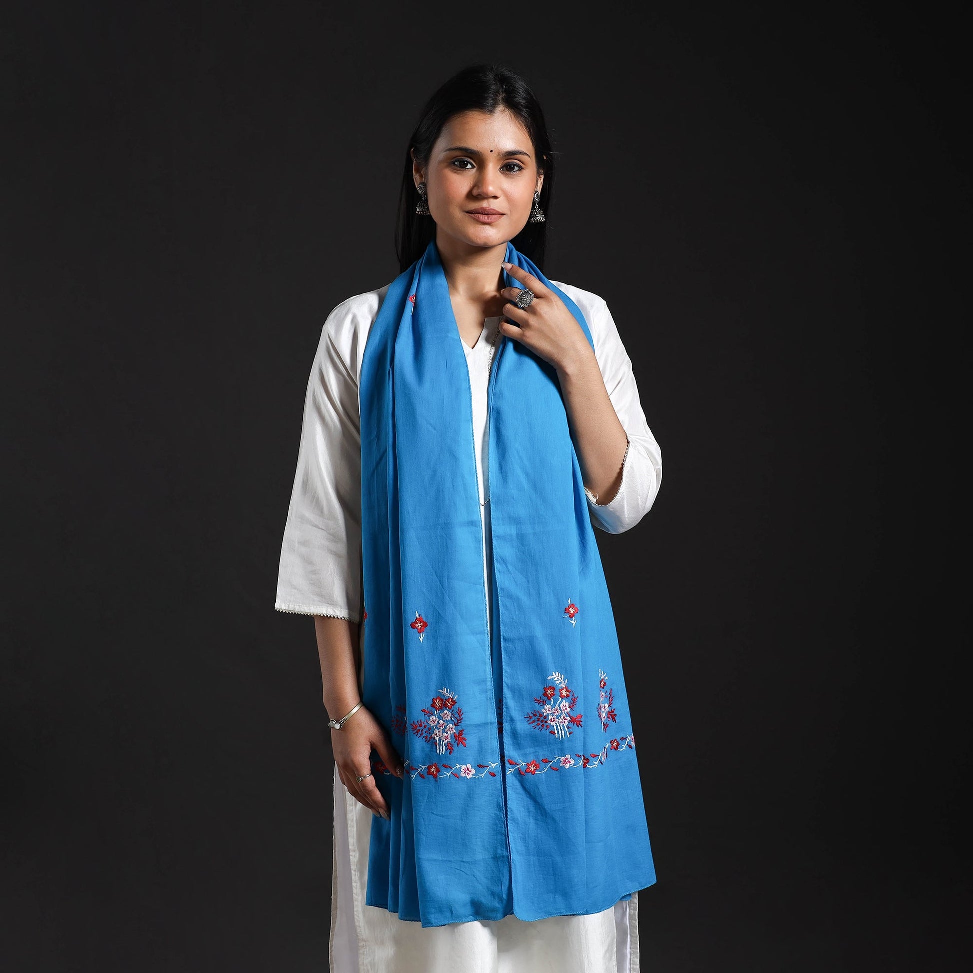 Blue - Cotton Kashida Embroidery Stole 24