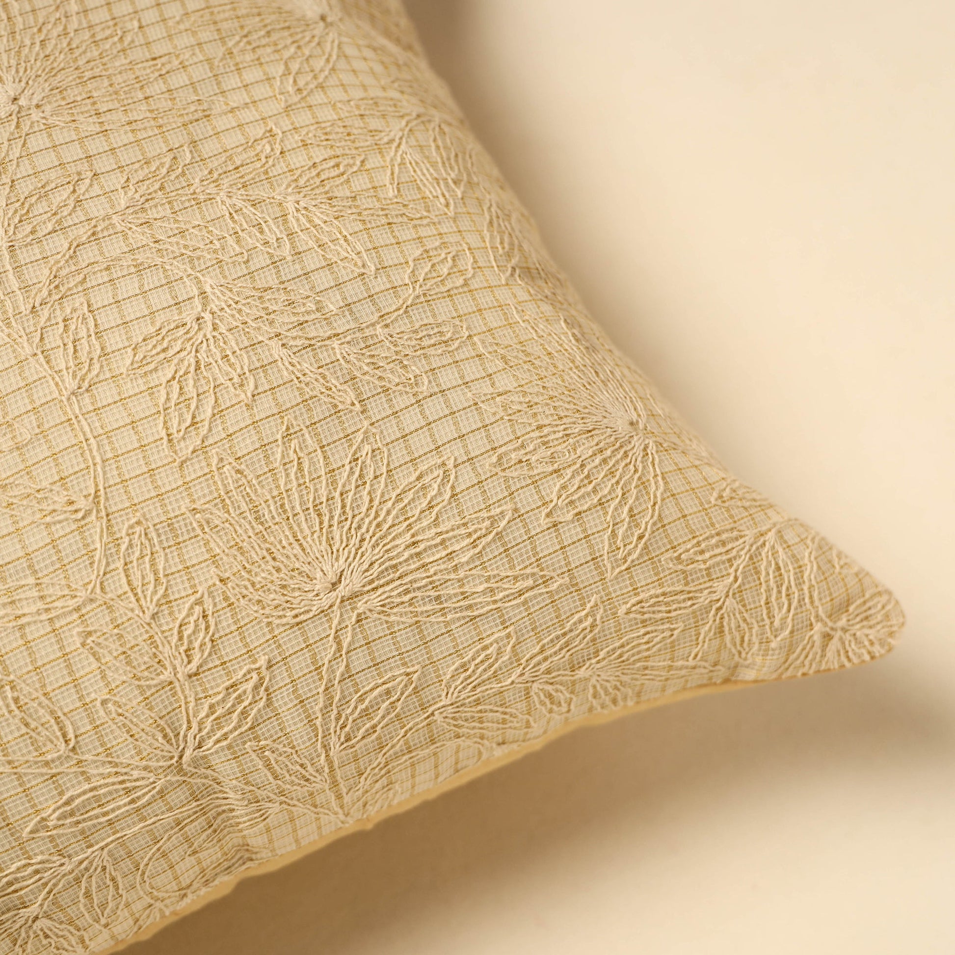 Beige - Tussar Silk Bengal Kantha Work Cushion Cover 14