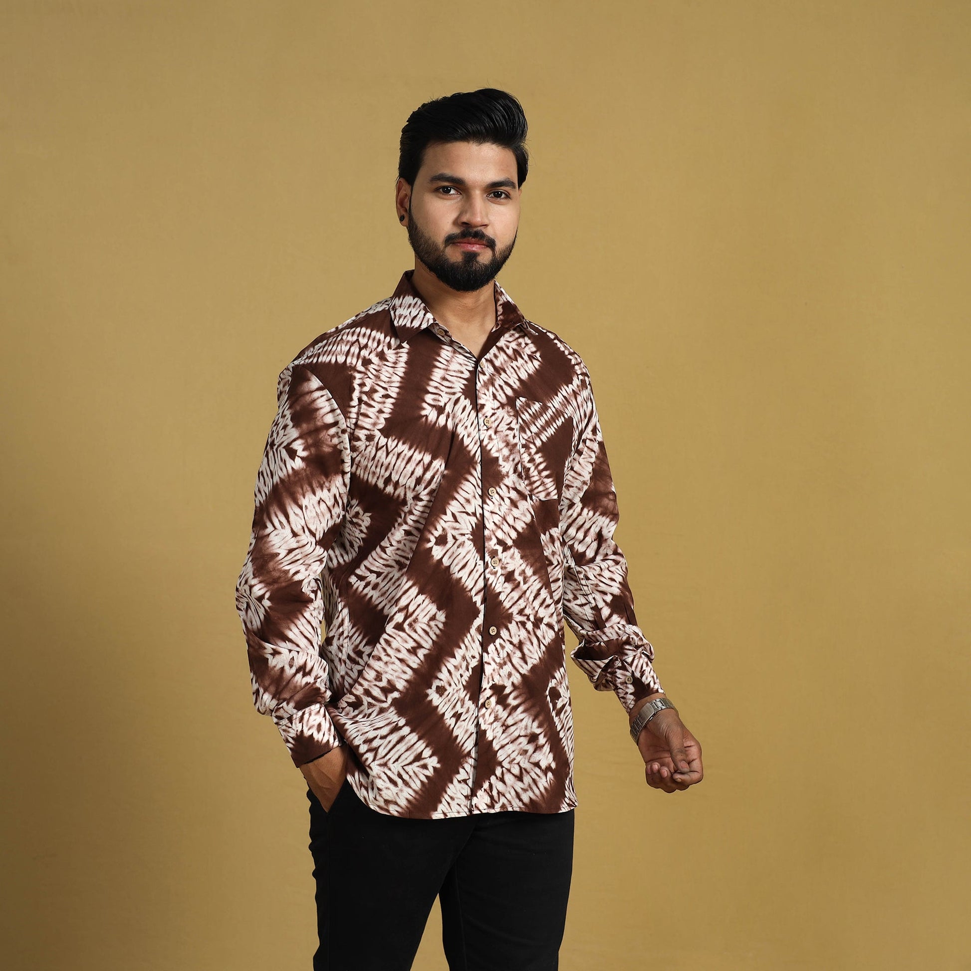 Brown - Full Sleeve Tie & Dye Cotton Men Shibori Shirt 03