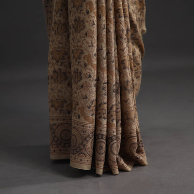 Beige - Pedana Block Print Merino Wool Kalamkari Saree 01