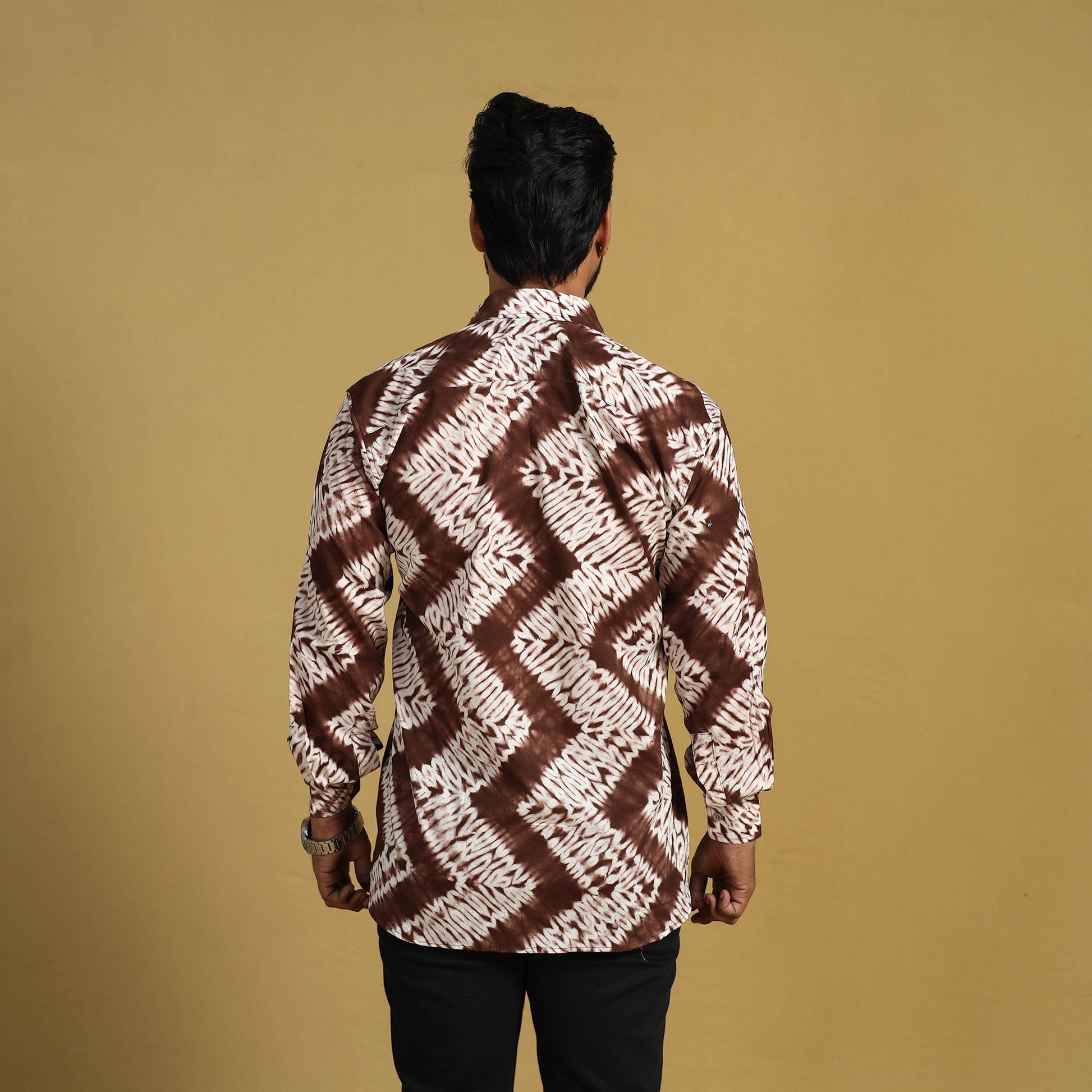 Brown - Full Sleeve Tie & Dye Cotton Men Shibori Shirt 03