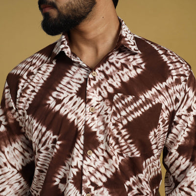 Brown - Full Sleeve Tie & Dye Cotton Men Shibori Shirt 03