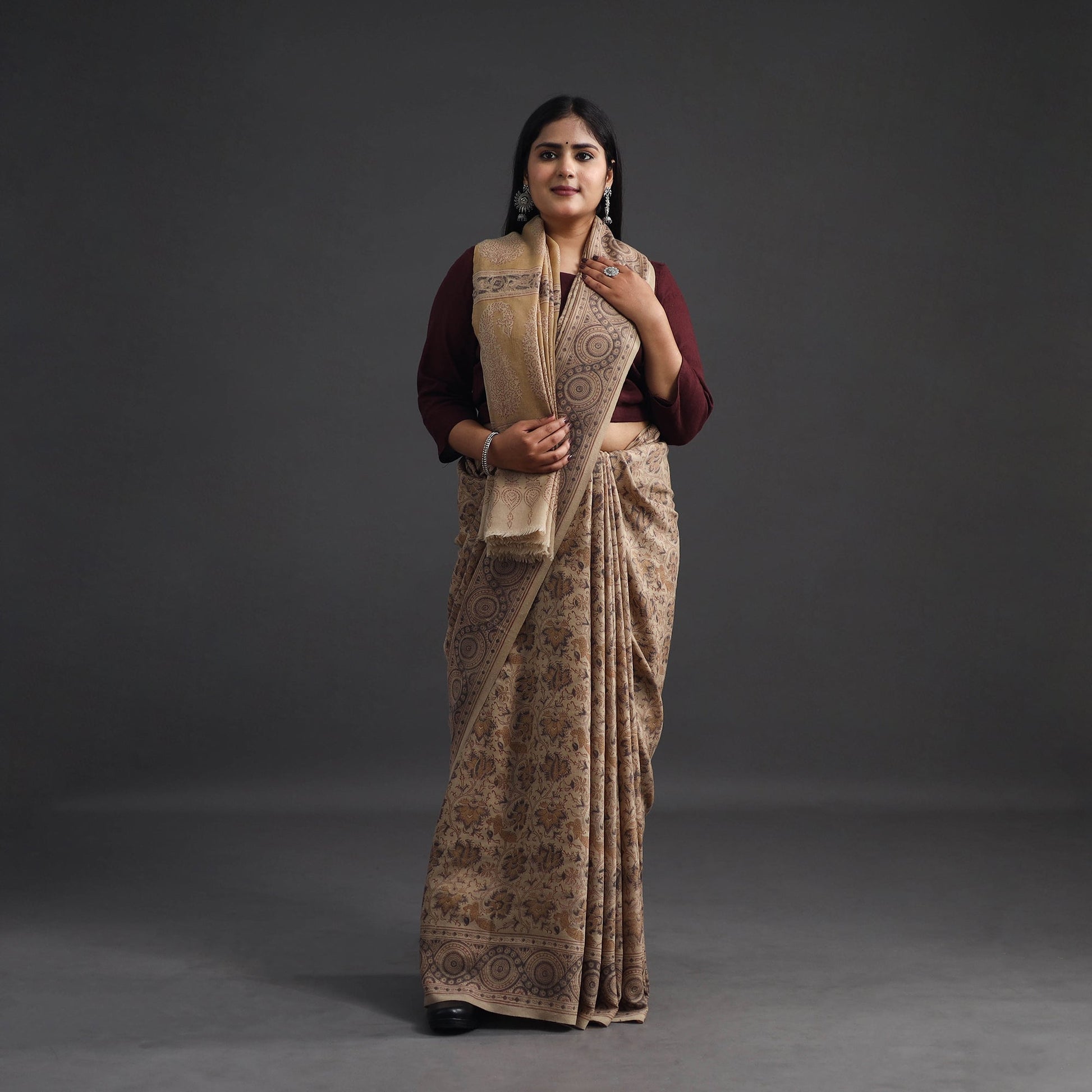 Beige - Pedana Block Print Merino Wool Kalamkari Saree 01
