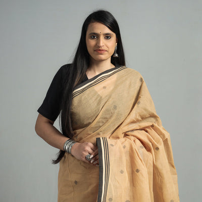 Brown - Handloom Cotton Burdwan Jamdani Saree