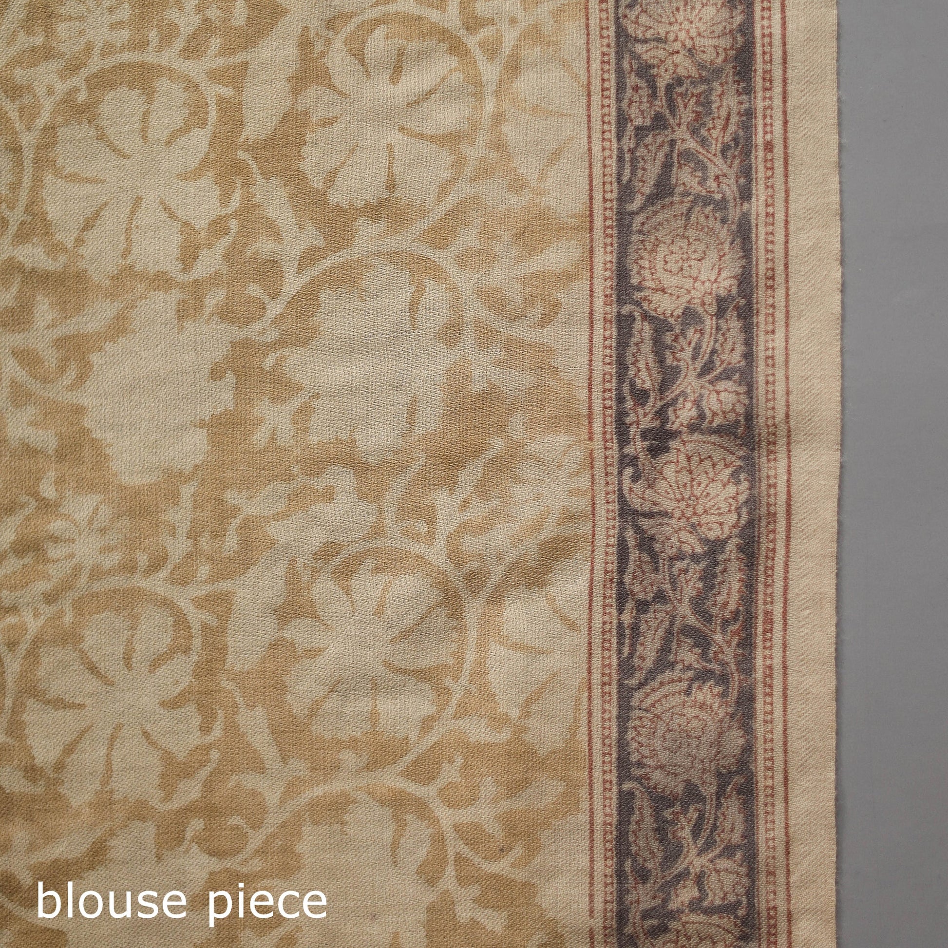 Beige - Pedana Block Print Merino Wool Kalamkari Saree 01