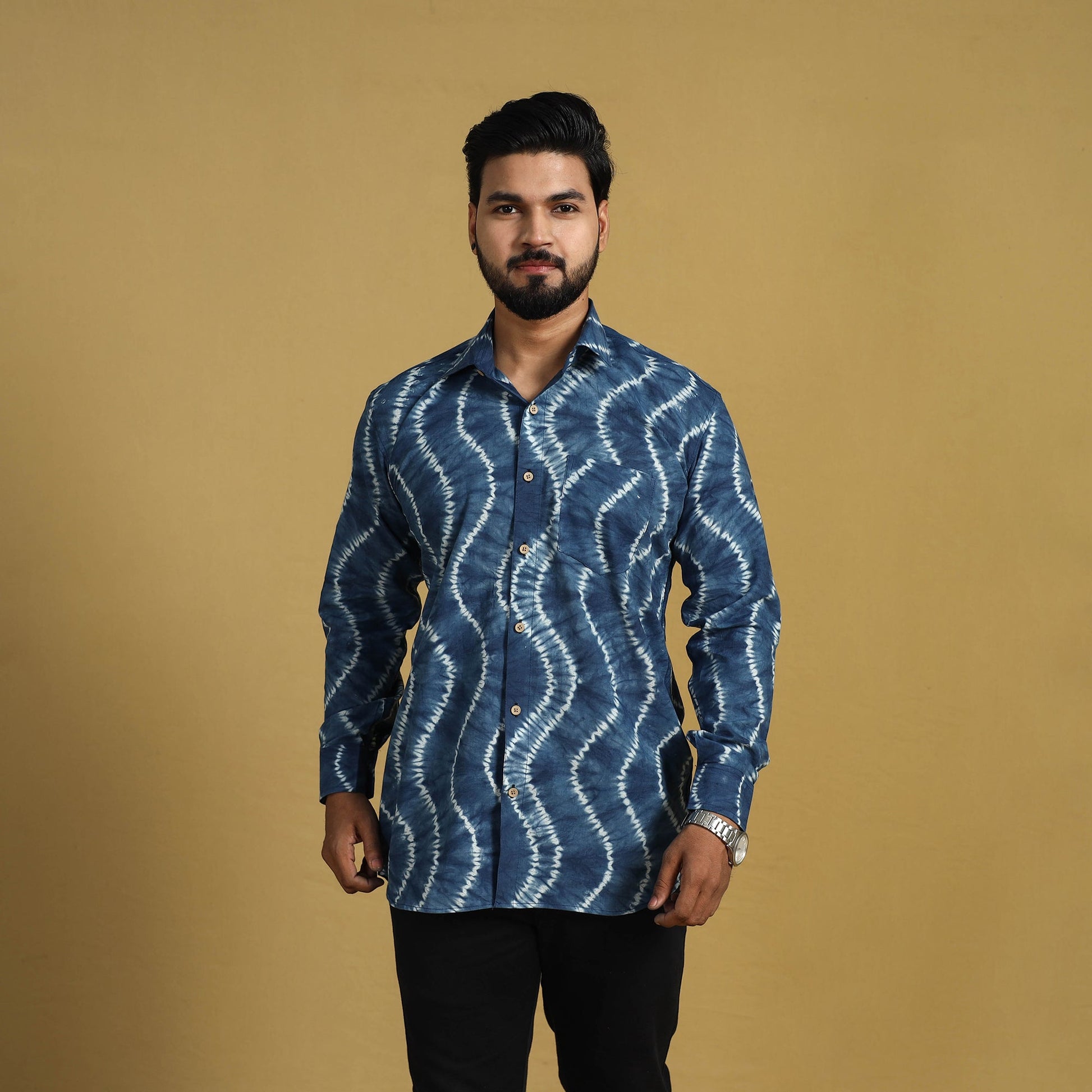 Blue - Full Sleeve Tie & Dye Cotton Men Shibori Shirt 05