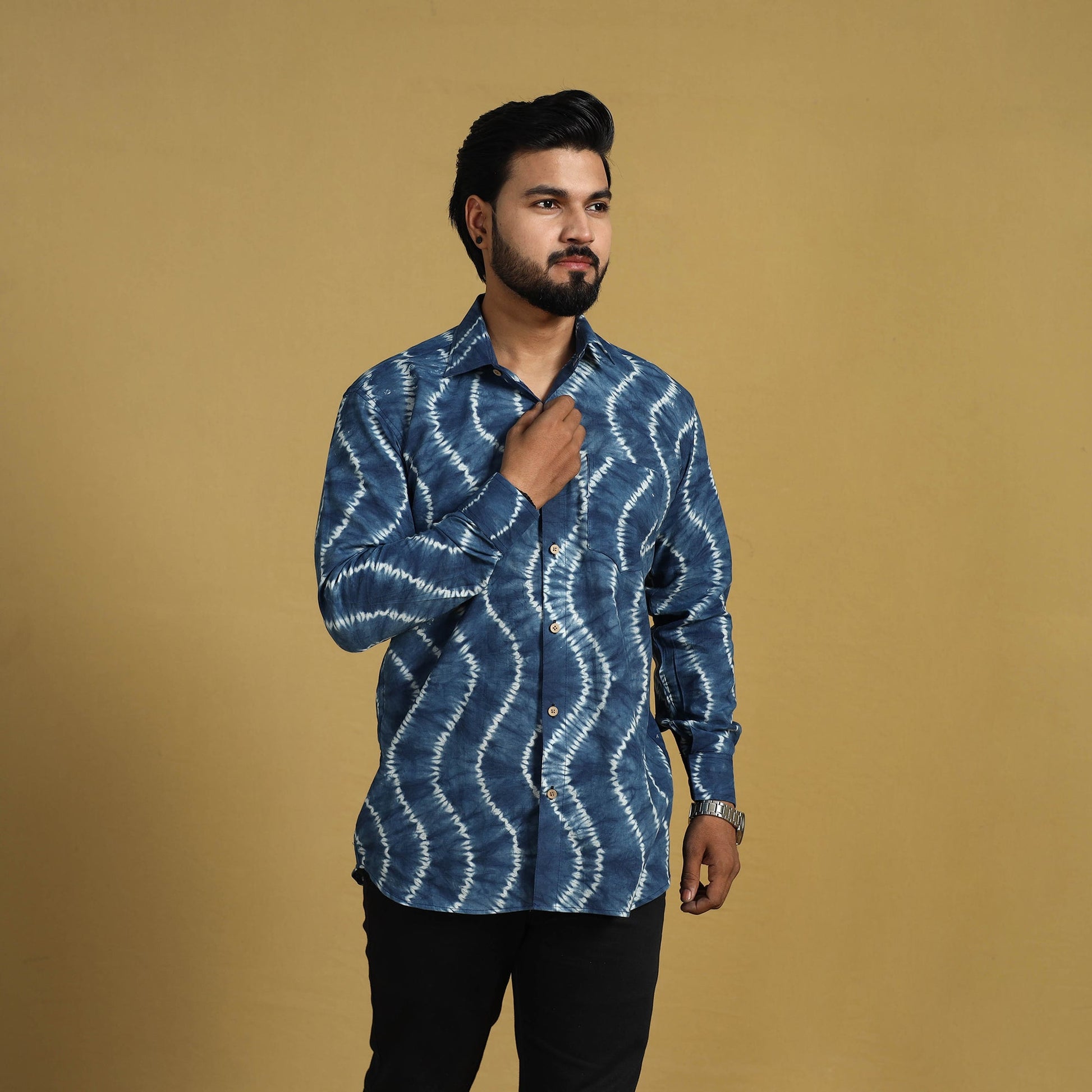 Blue - Full Sleeve Tie & Dye Cotton Men Shibori Shirt 05
