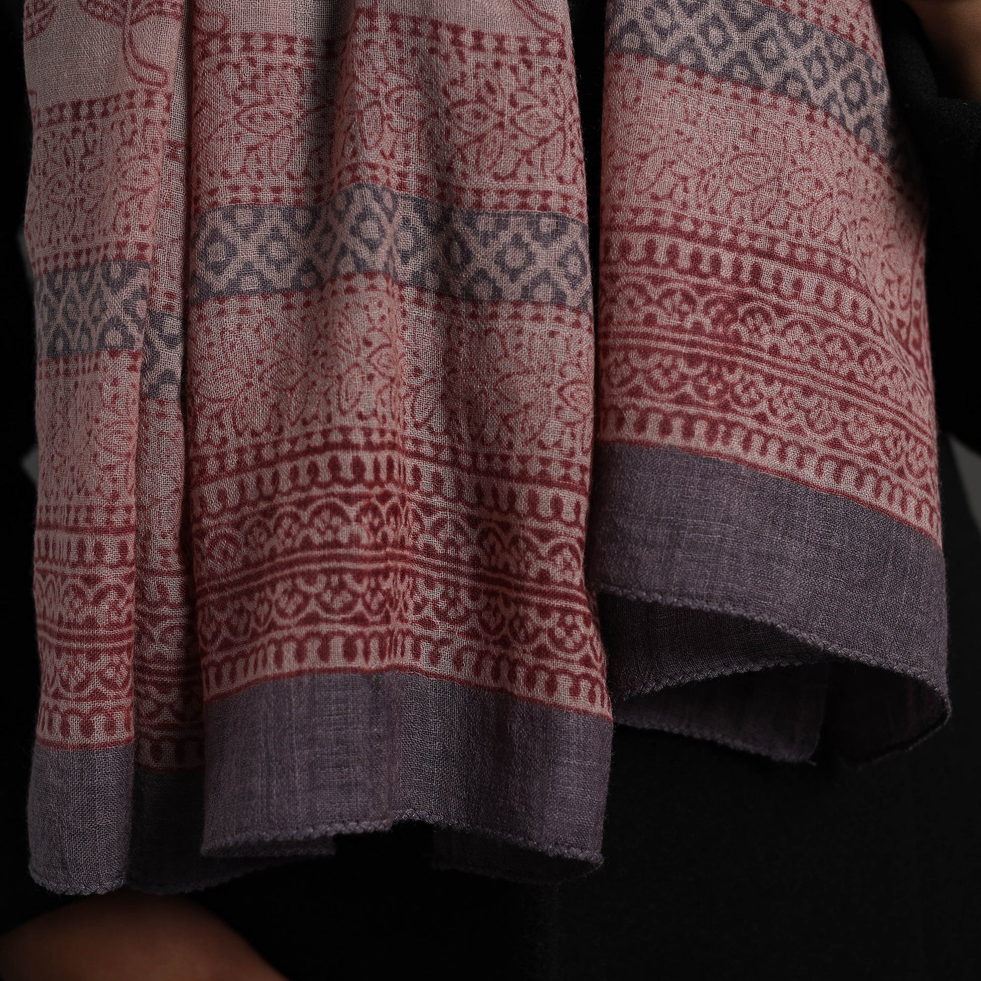 Brown - Bagh Hand Block Printed Merino Woollen Stole 38