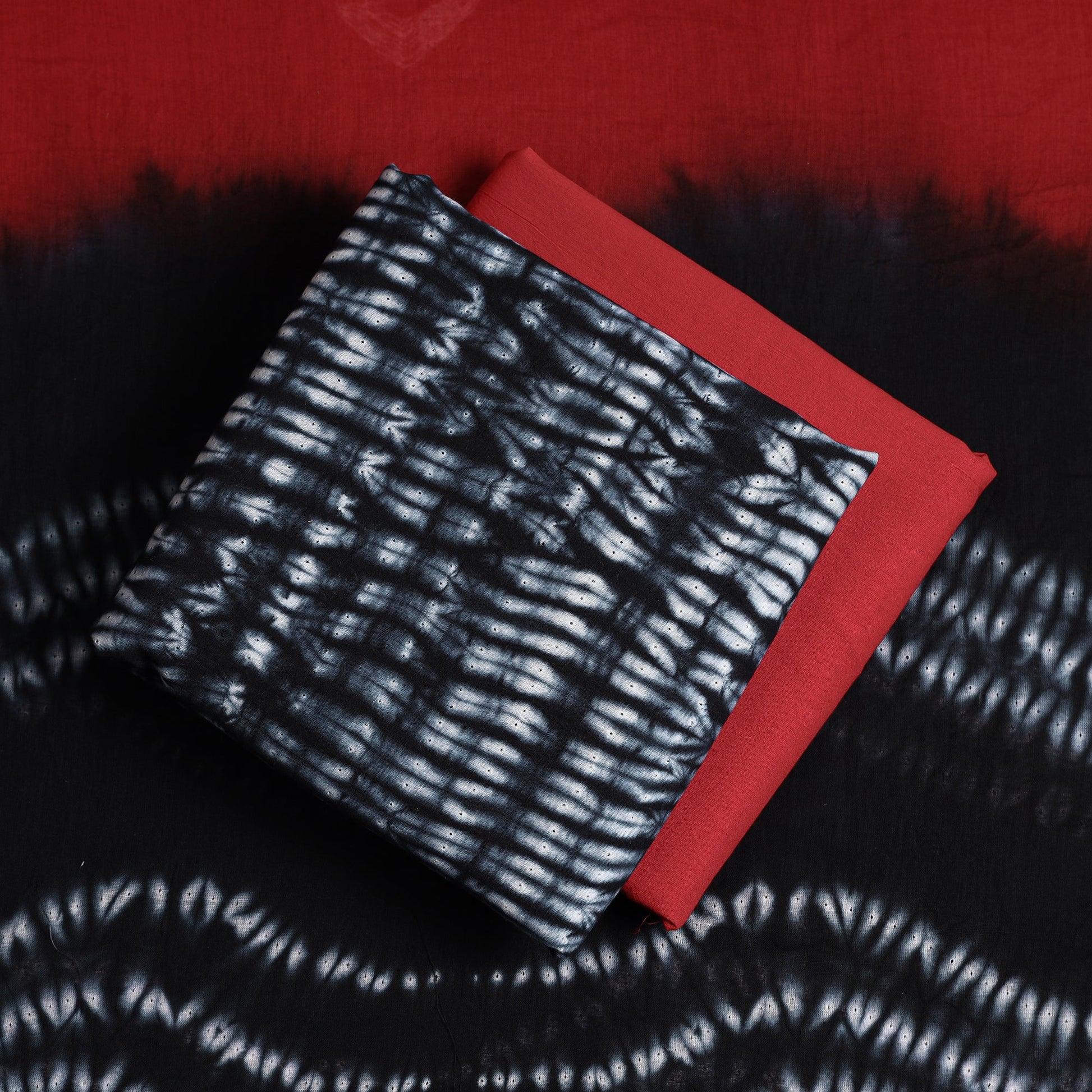 Black - 3pc Shibori Tie-Dye Mul Cotton Suit Material Set