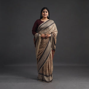 Beige - Pedana Block Print Merino Wool Kalamkari Saree 03
