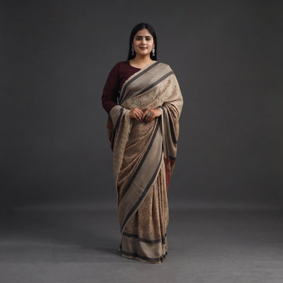 Beige - Pedana Block Print Merino Wool Kalamkari Saree 03