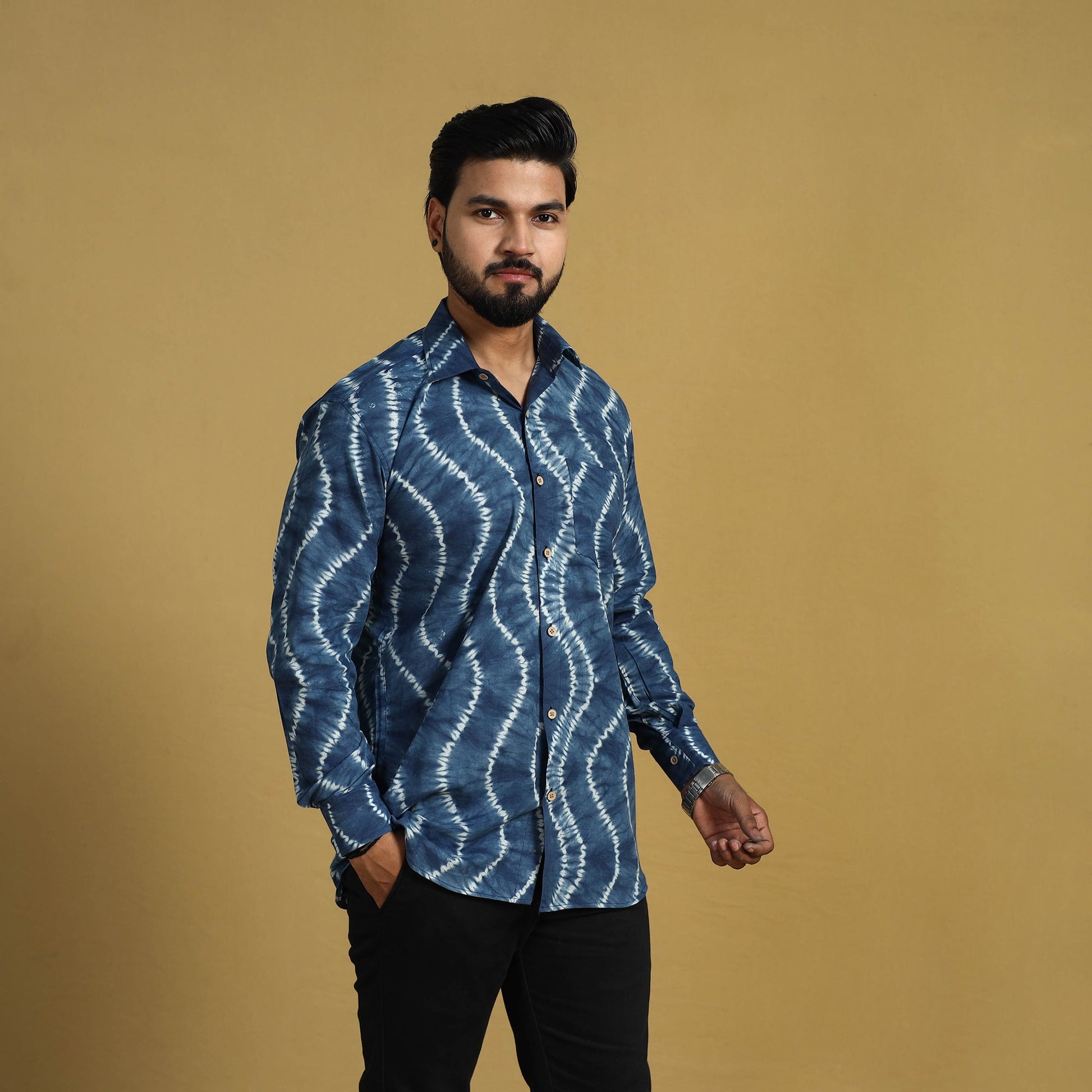 Blue - Full Sleeve Tie & Dye Cotton Men Shibori Shirt 05