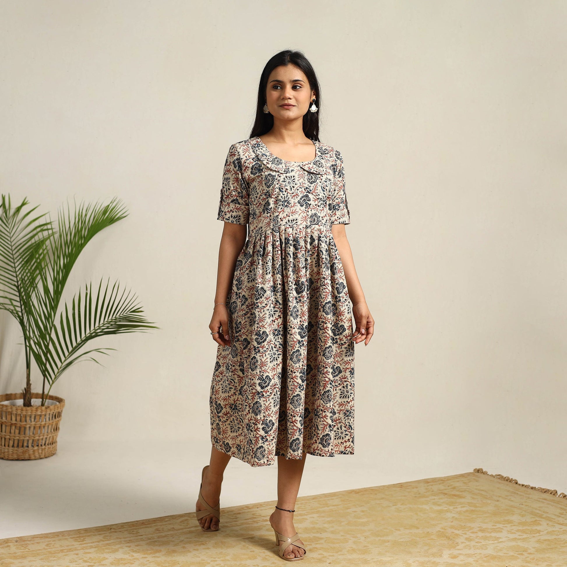 Beige - Pedana Block Print Cotton Flared Kalamkari Dress 10