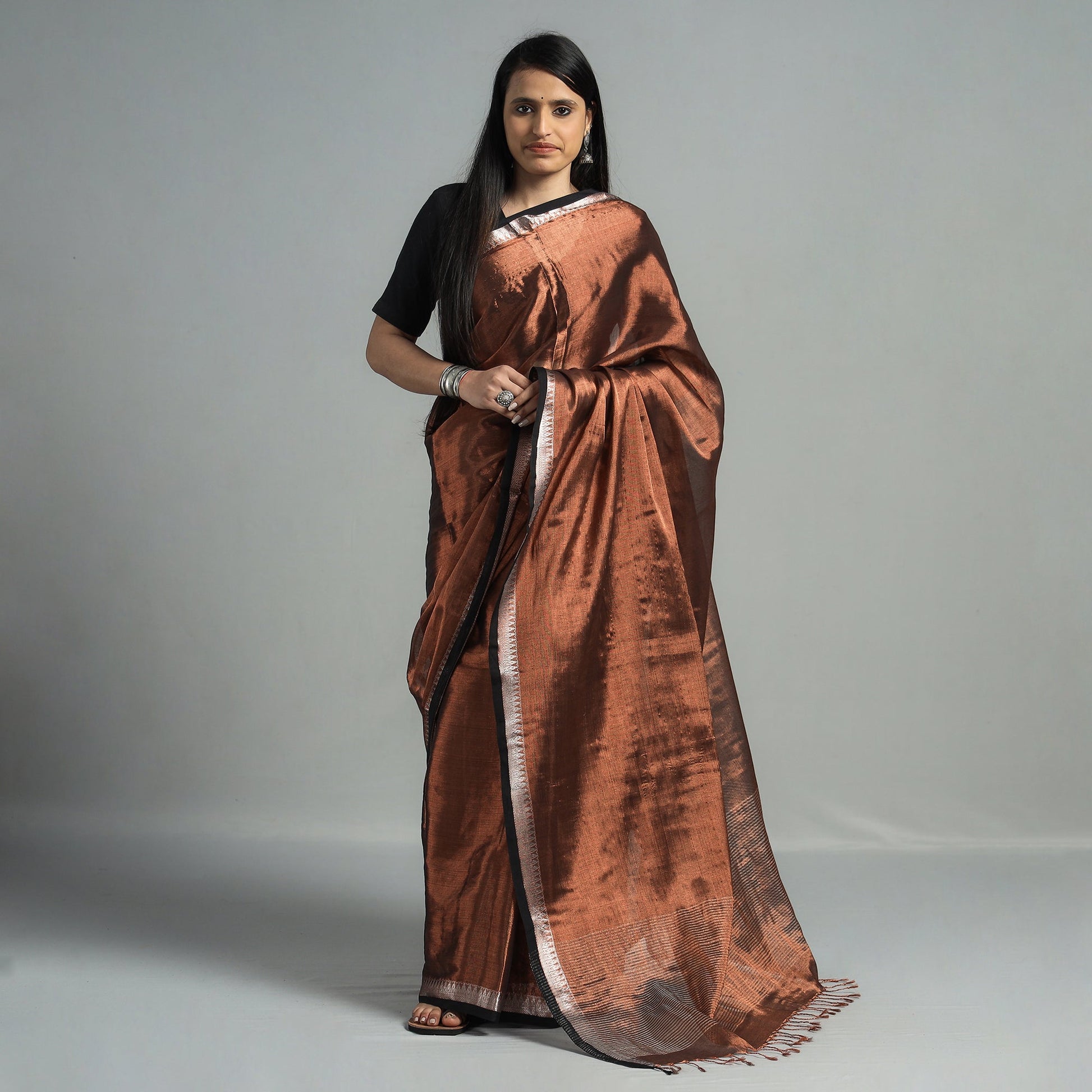 Brown - Burdwan Tissue Zari Work Handloom Saree