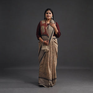 Beige - Pedana Block Print Merino Wool Kalamkari Saree 03